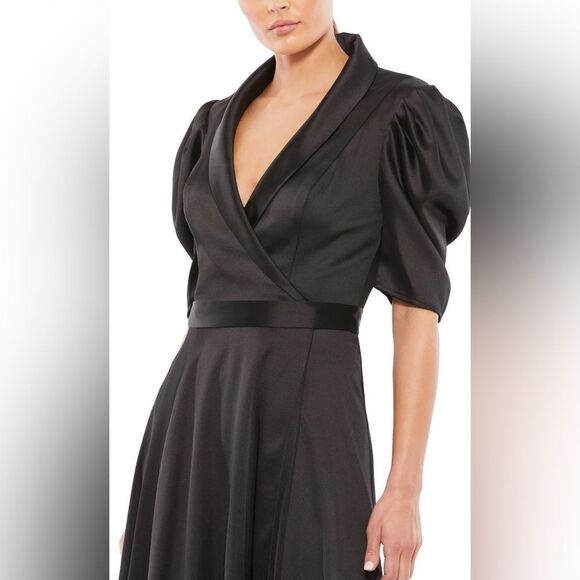 NWT Ieena for Mac Duggal Black Satin Lapel Puff Sleeve Tea Length Dress size 14 - Picture 3 of 16